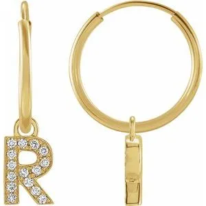 14K Yellow .05 CTW Natural Diamond Single Initial R Hoop Earring