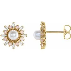 14K Yellow Akoya Pearl, White Opal & 1/6 CTW Diamond Earrings