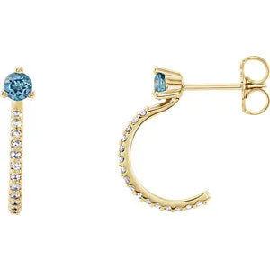 14K Yellow Aquamarine & 1/6 CTW Diamond J-Hoop Earring