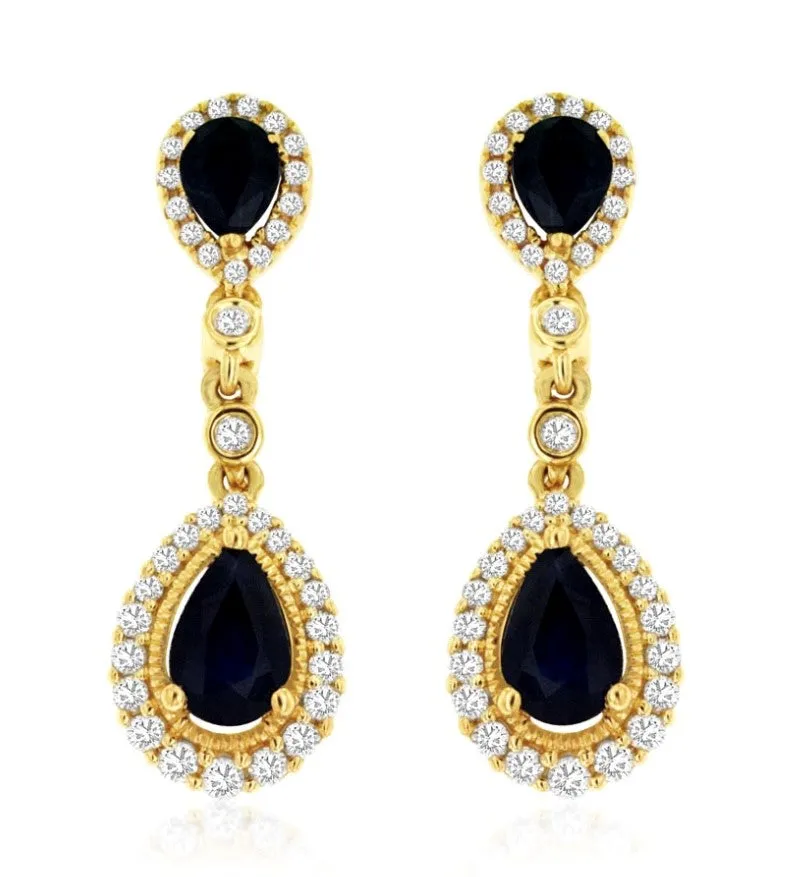 14k yellow gold blue sapphire and diamond dangle earrings
