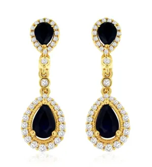 14k yellow gold blue sapphire and diamond dangle earrings