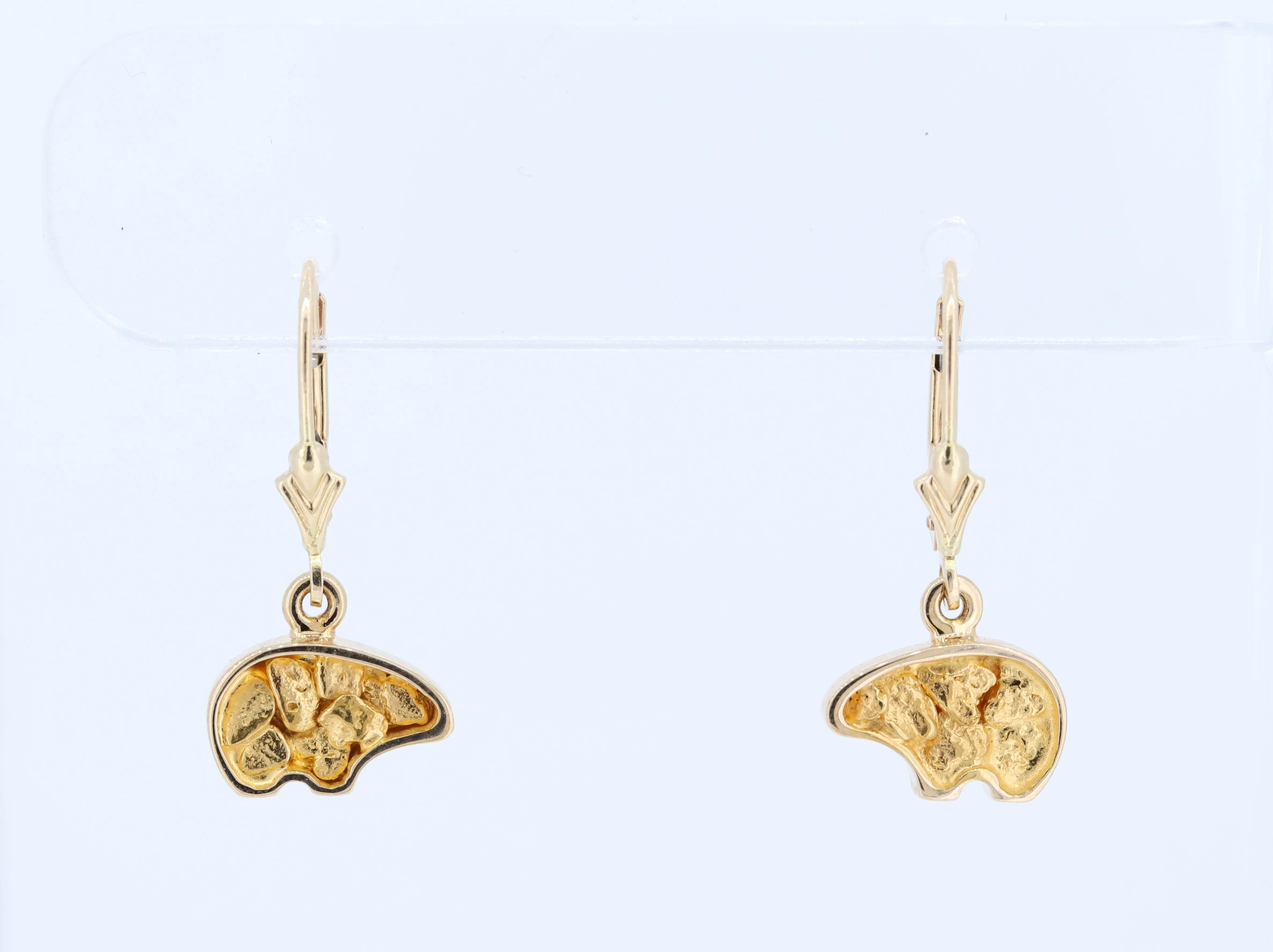 14K Yellow Gold Nugget Bear Lever Back Earrings