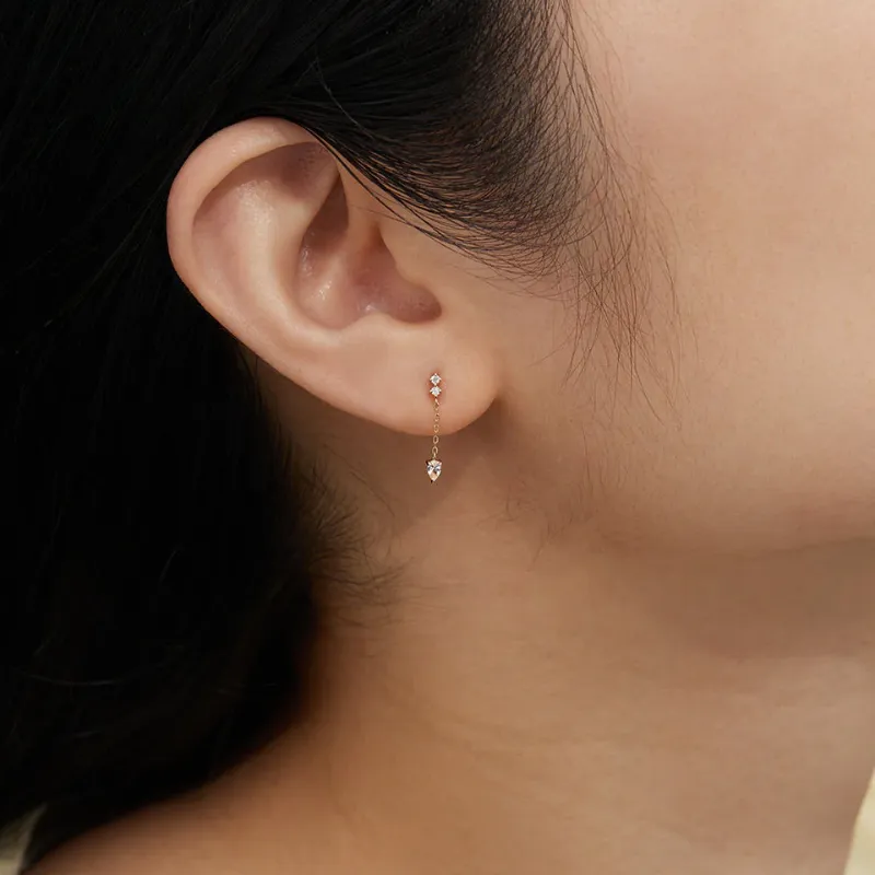 14K Yellow Gold Pear & Round White Sapphire Drop SINGLE Stud Earring