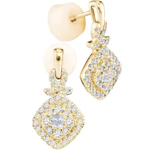 14K Yellow Gold Princess Diamond Soleil Square Frame Cluster Dangle Earrings 1/2 Cttw
