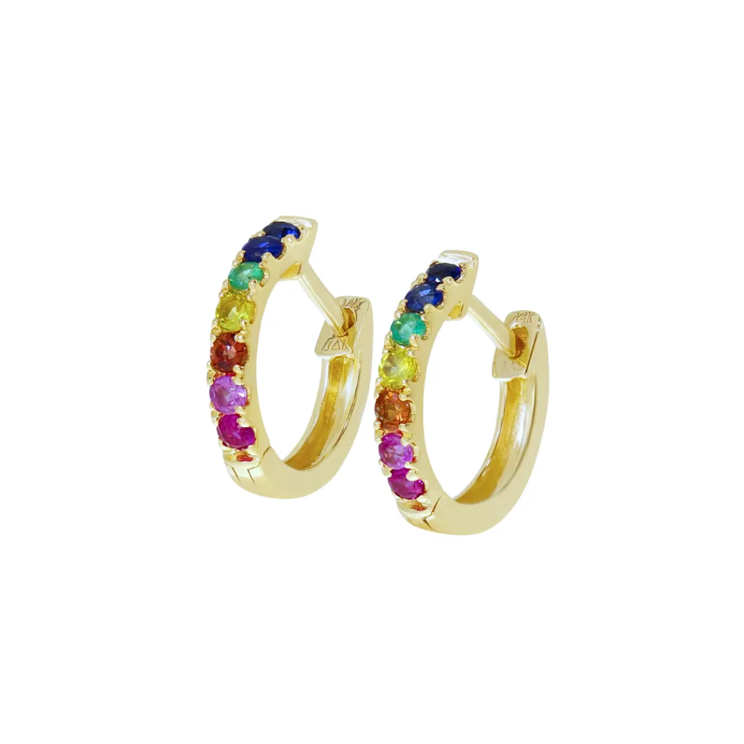 14K Yellow Gold Rainbow Sapphire Huggie Earrings