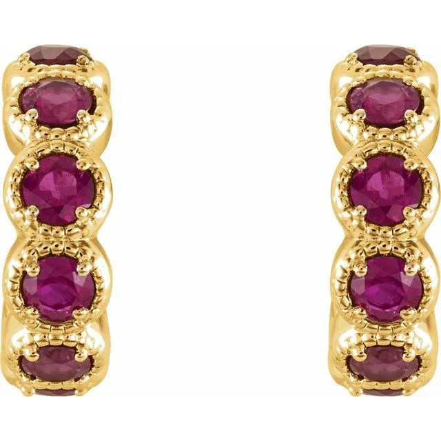 14K Yellow Gold Ruby Huggie Earrings