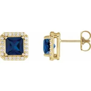 14K Yellow Lab-Grown Blue Sapphire & .08 CTW Natural Diamond Halo-Style Earrings
