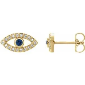 14K Yellow Natural Blue Sapphire & Natural White Sapphire Semi-Set Evil Eye Earrings