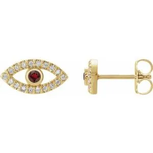 14K Yellow Natural Mozambique Garnet & Natural White Sapphire Evil Eye Earrings