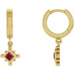 14K Yellow Natural Ruby Beaded Bezel-Set Hoop Earrings