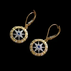 14K Y/W Gold Compass Rose Earrings with Sapphire and Diamonds