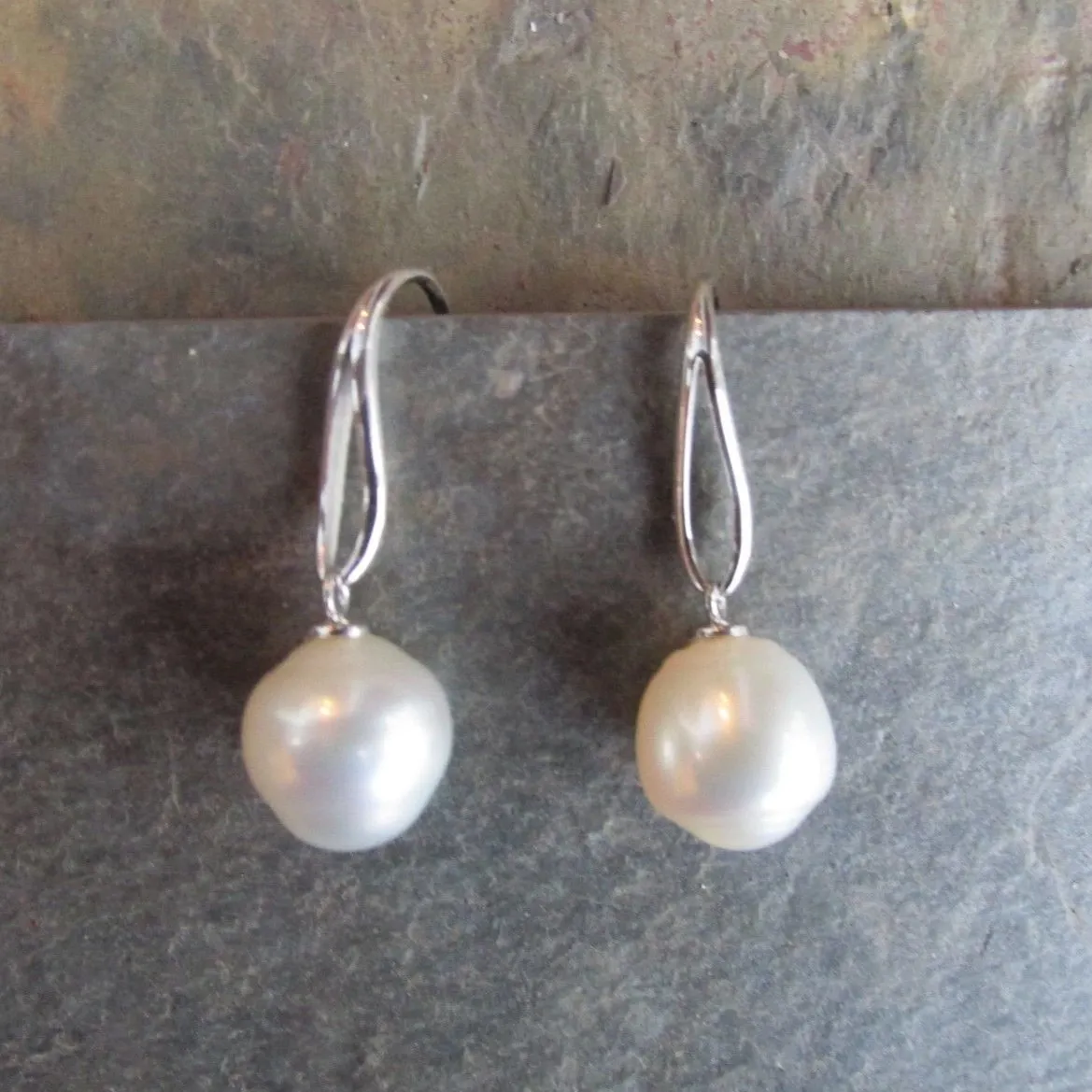 14KT White Gold 12mm Paspaley Pearl Unique Hook Earrings