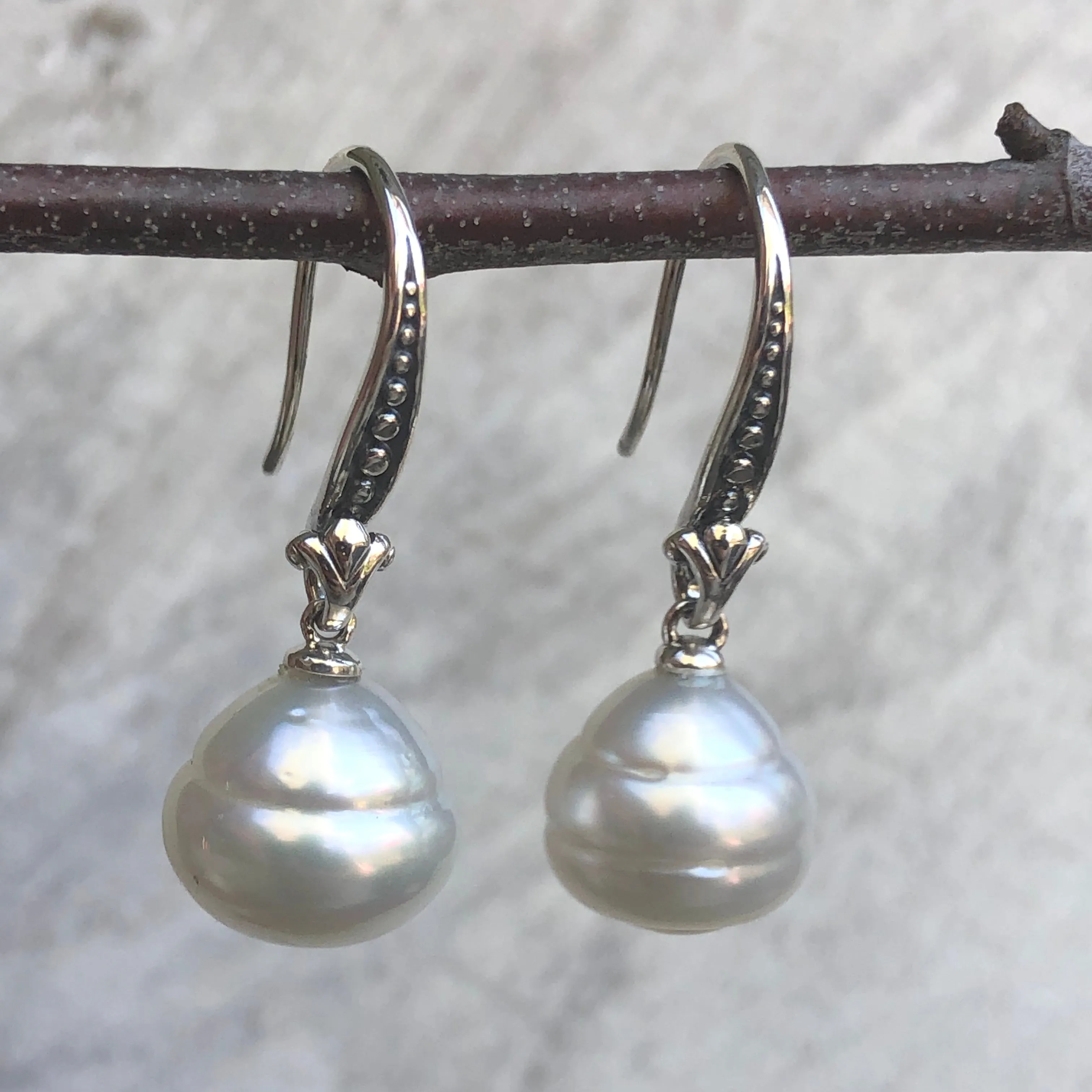 14KT White Gold   Sterling Silver Paspaley South Sea Pearl Fleur de Lis Drop Earrings