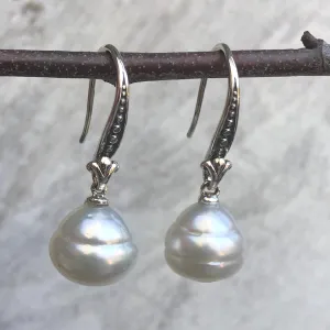 14KT White Gold   Sterling Silver Paspaley South Sea Pearl Fleur de Lis Drop Earrings