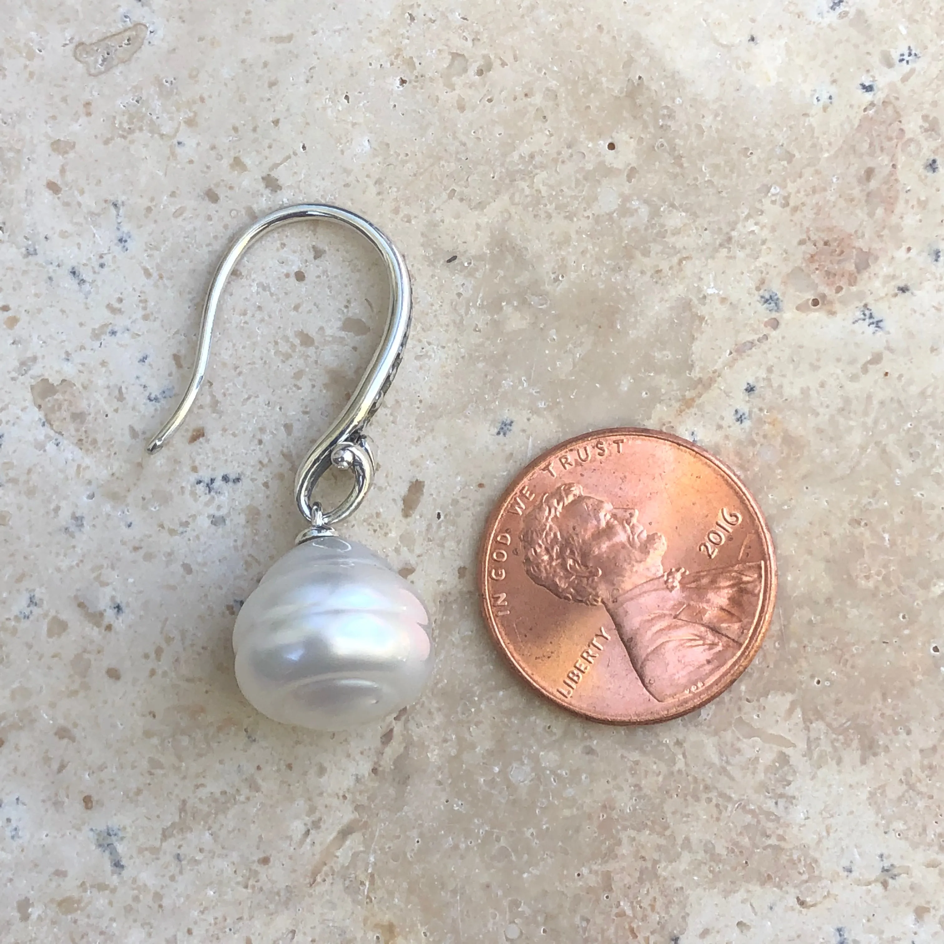 14KT White Gold   Sterling Silver Paspaley South Sea Pearl Fleur de Lis Drop Earrings