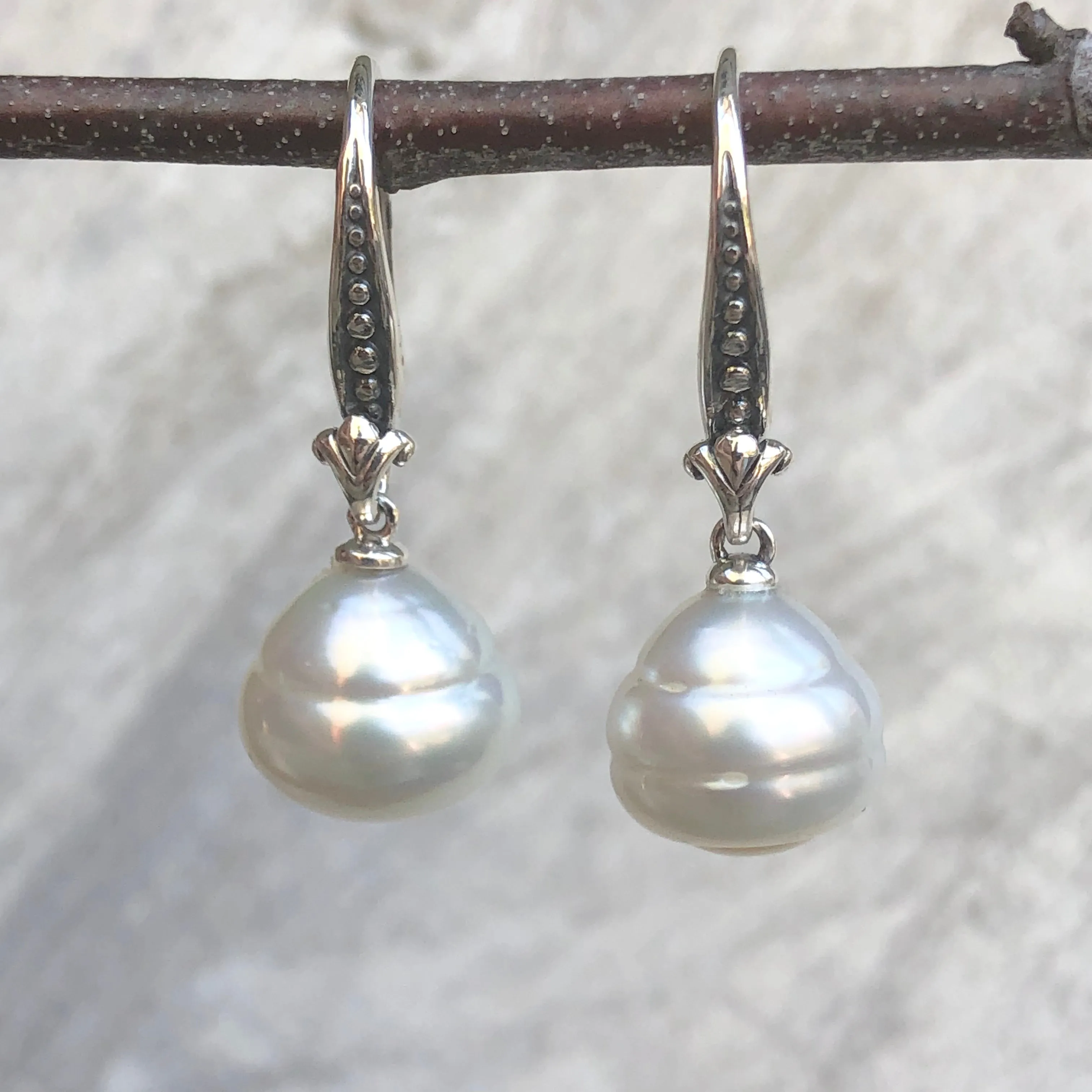 14KT White Gold   Sterling Silver Paspaley South Sea Pearl Fleur de Lis Drop Earrings