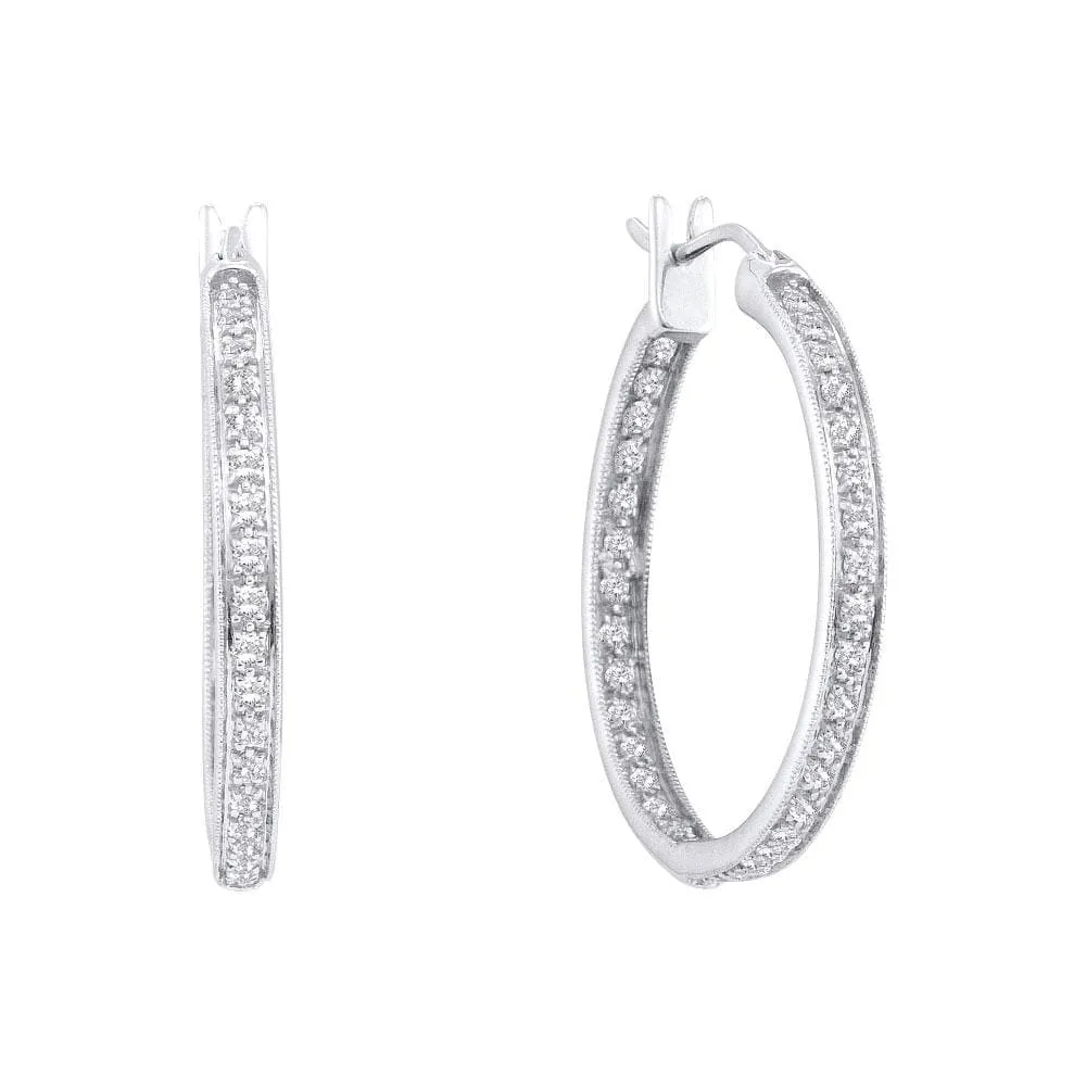 14kt White Gold Womens Round Diamond Single Row Inside Outside Endless Hoop Earrings 1.00 Cttw