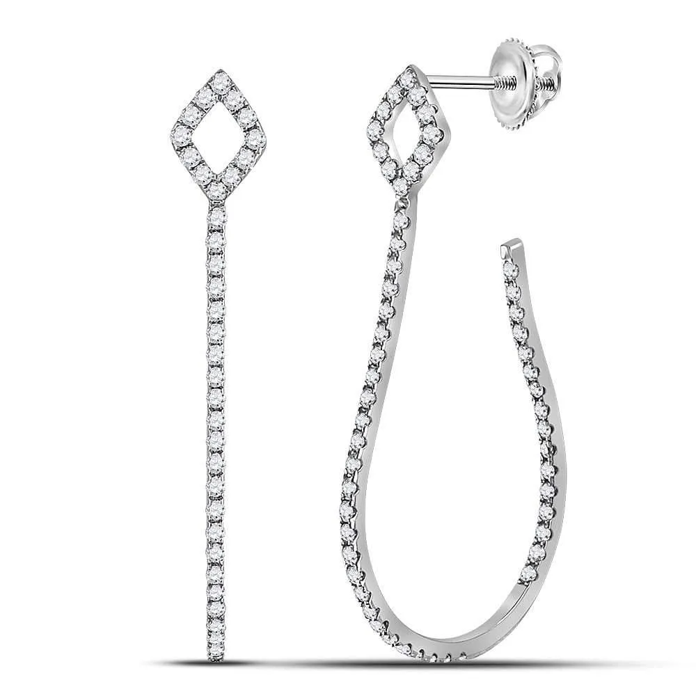 14kt White Gold Womens Round Diamond Slender Hook Hoop Earrings 5/8 Cttw
