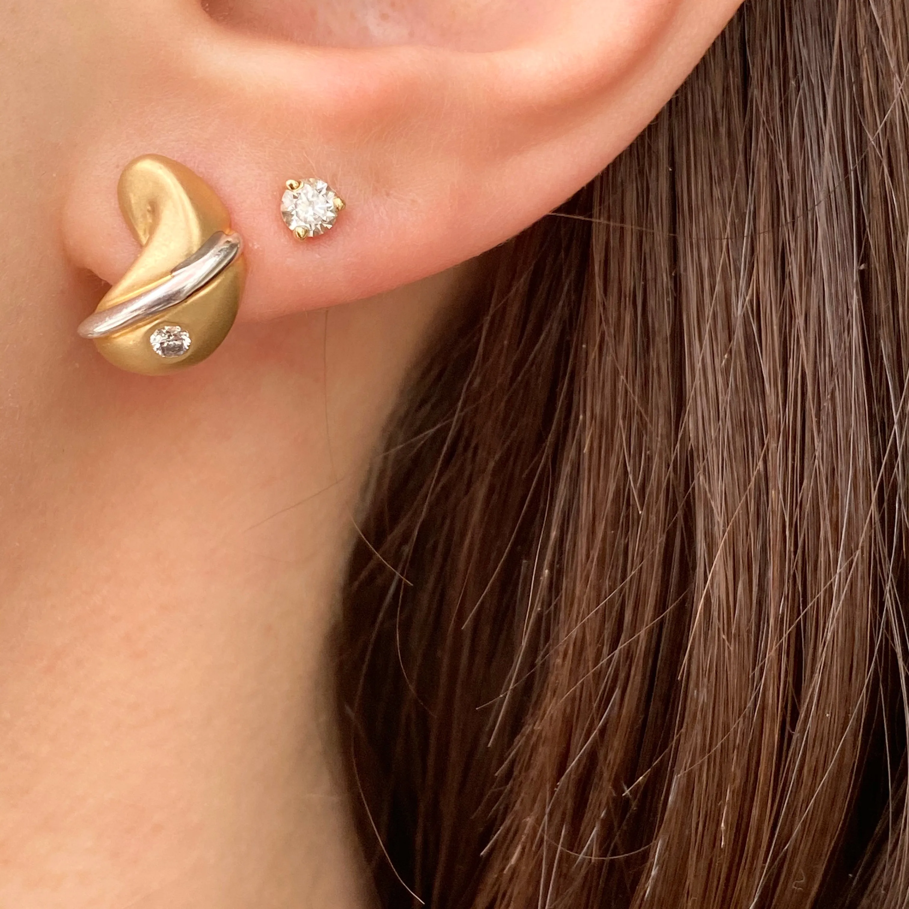 14KT White Gold   Yellow Gold Gyspy Set Diamond Post Earrings