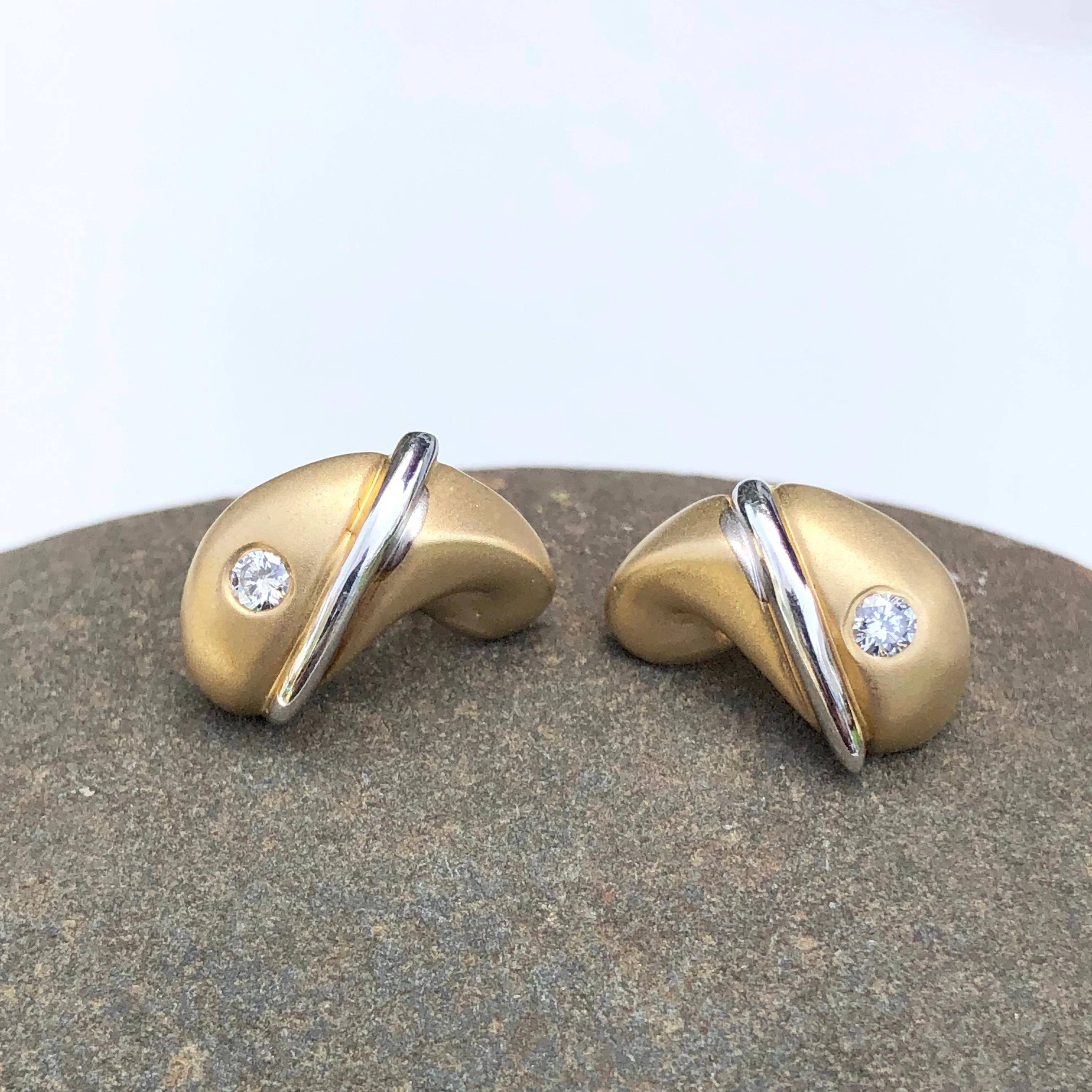 14KT White Gold   Yellow Gold Gyspy Set Diamond Post Earrings