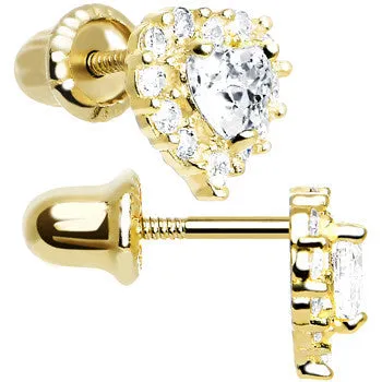 14kt Yellow Gold Heart CZ April Birthstone Youth Screwback Earrings