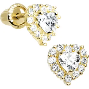 14kt Yellow Gold Heart CZ April Birthstone Youth Screwback Earrings