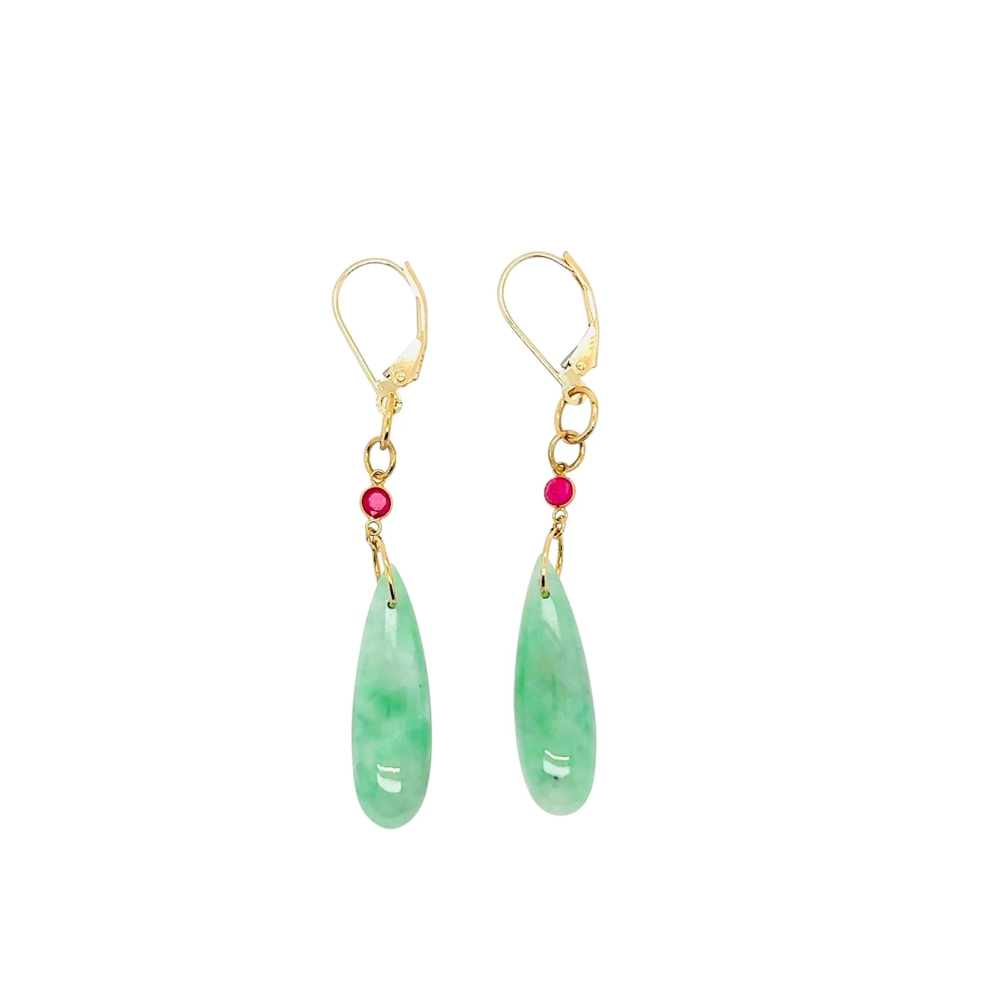 14kt YG Burmese Apple Green Jadeite Tear Drops & Ruby Drops Earrings
