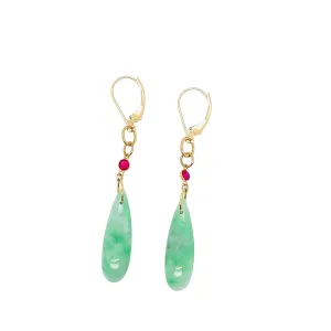 14kt YG Burmese Apple Green Jadeite Tear Drops & Ruby Drops Earrings