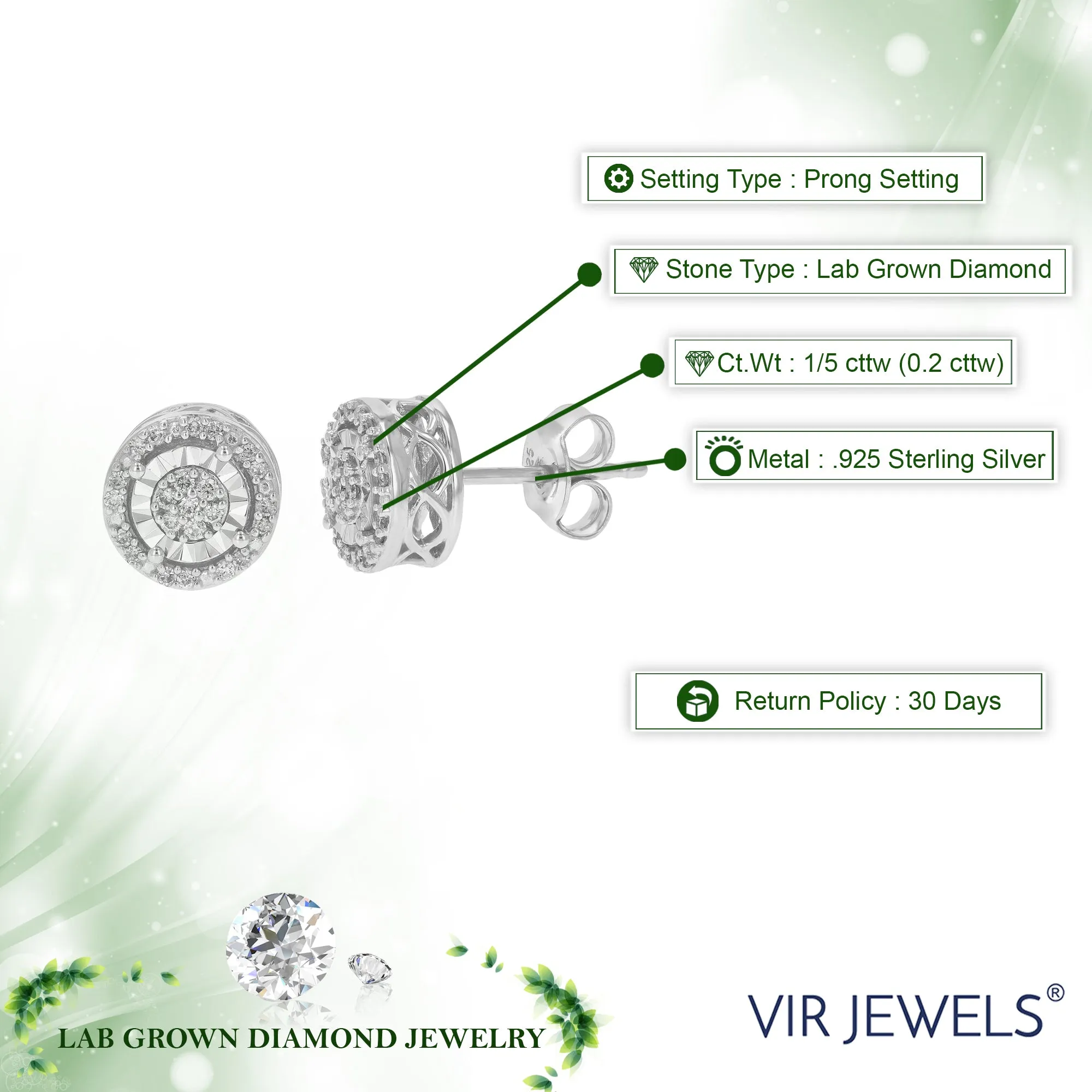 1/5 cttw Lab Grown Diamond Stud Earrings in .925 Sterling Silver