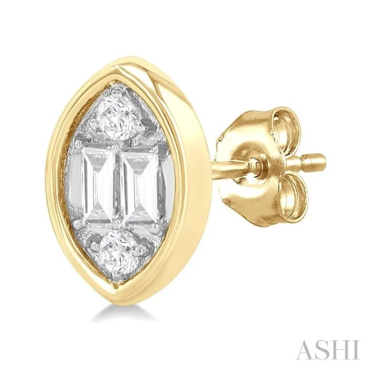 1/5 ctw Petite Bezel Set Marquise Shape Fusion Baguette and Round Cut Diamond Fashion Stud Earring in 10K Yellow Gold