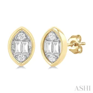 1/5 ctw Petite Bezel Set Marquise Shape Fusion Baguette and Round Cut Diamond Fashion Stud Earring in 10K Yellow Gold