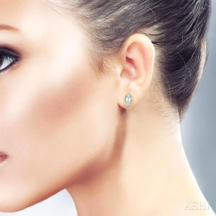 1/5 ctw Petite Bezel Set Marquise Shape Fusion Baguette and Round Cut Diamond Fashion Stud Earring in 10K Yellow Gold