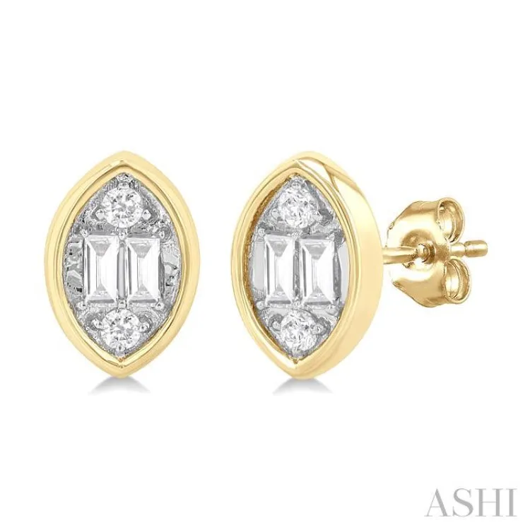 1/5 ctw Petite Bezel Set Marquise Shape Fusion Baguette and Round Cut Diamond Fashion Stud Earring in 10K Yellow Gold