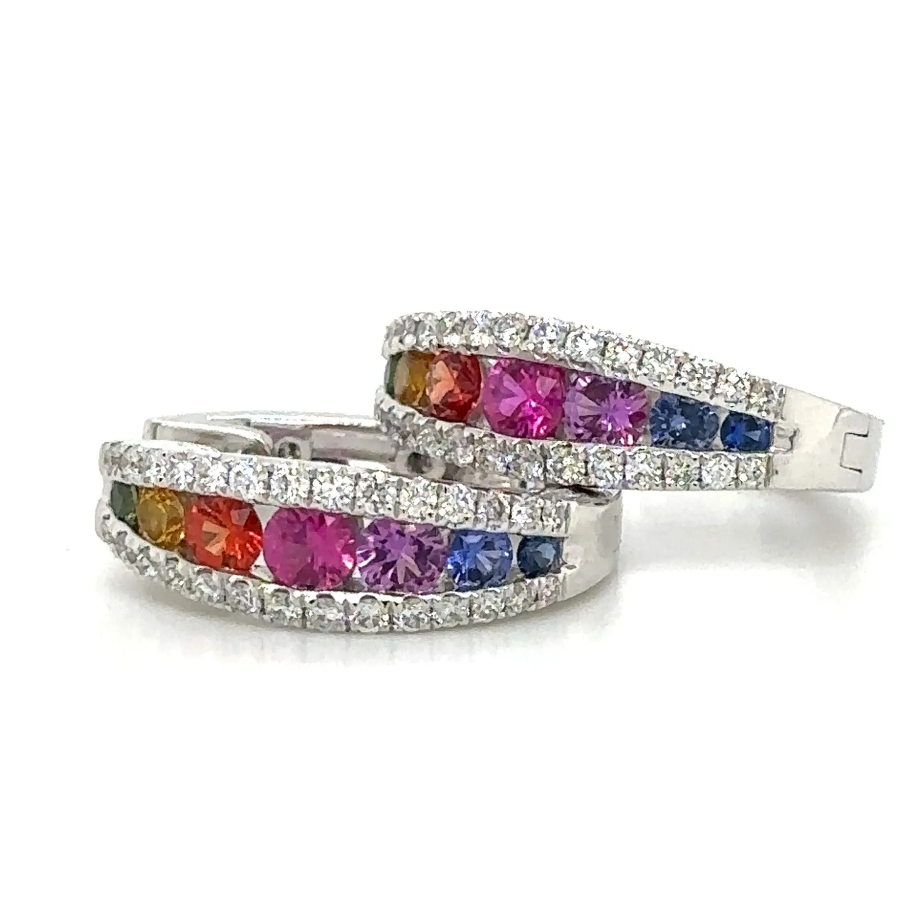 1.59carat Rainbow Sapphire & Diamond Gold Hoop Earrings