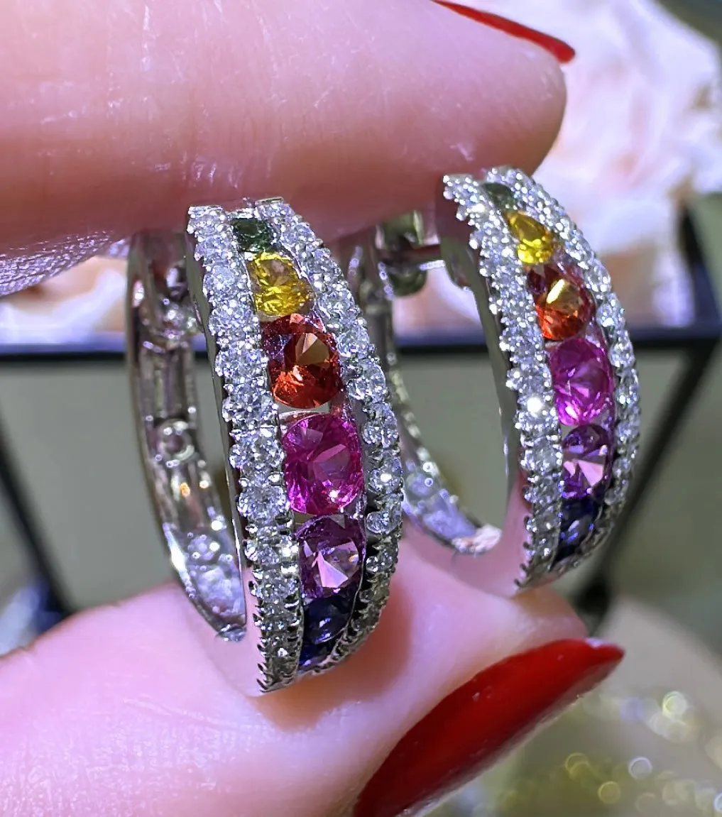 1.59carat Rainbow Sapphire & Diamond Gold Hoop Earrings