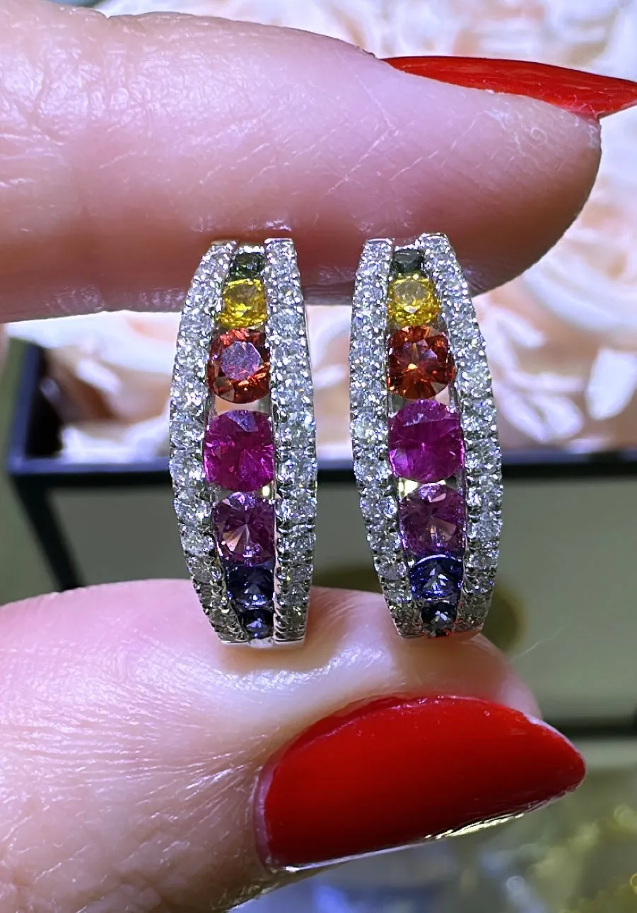 1.59carat Rainbow Sapphire & Diamond Gold Hoop Earrings