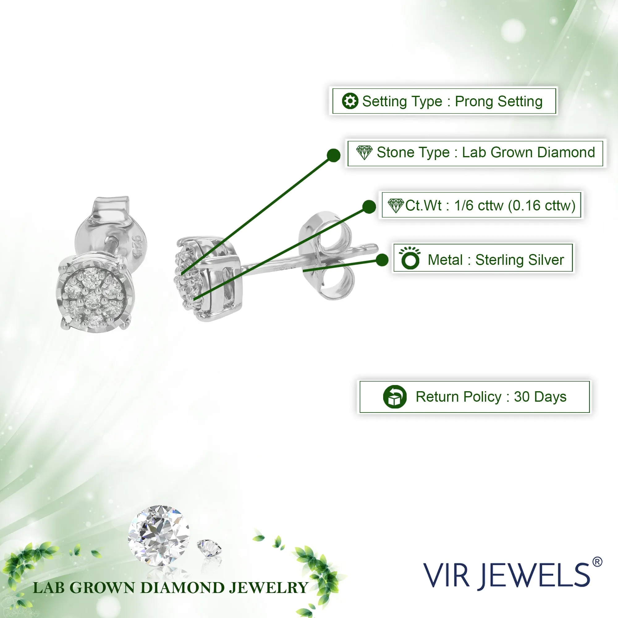1/6 cttw Lab Grown Diamond Round Stud Earrings in Sterling Silver
