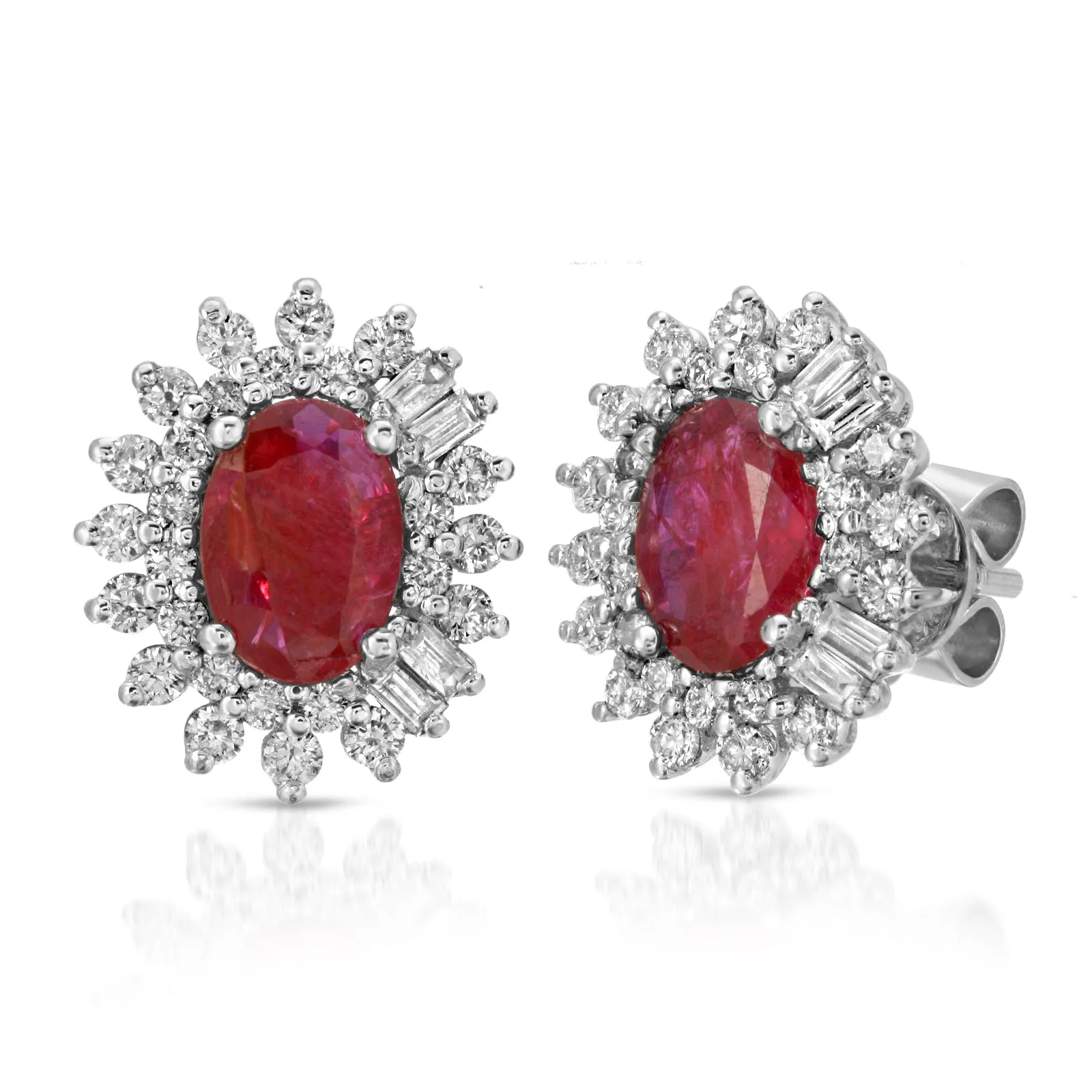 1.69ct Oval Ruby on a Halo Design with 0.88ct Round cut Diamond in 14k White Gold Stud Earrings