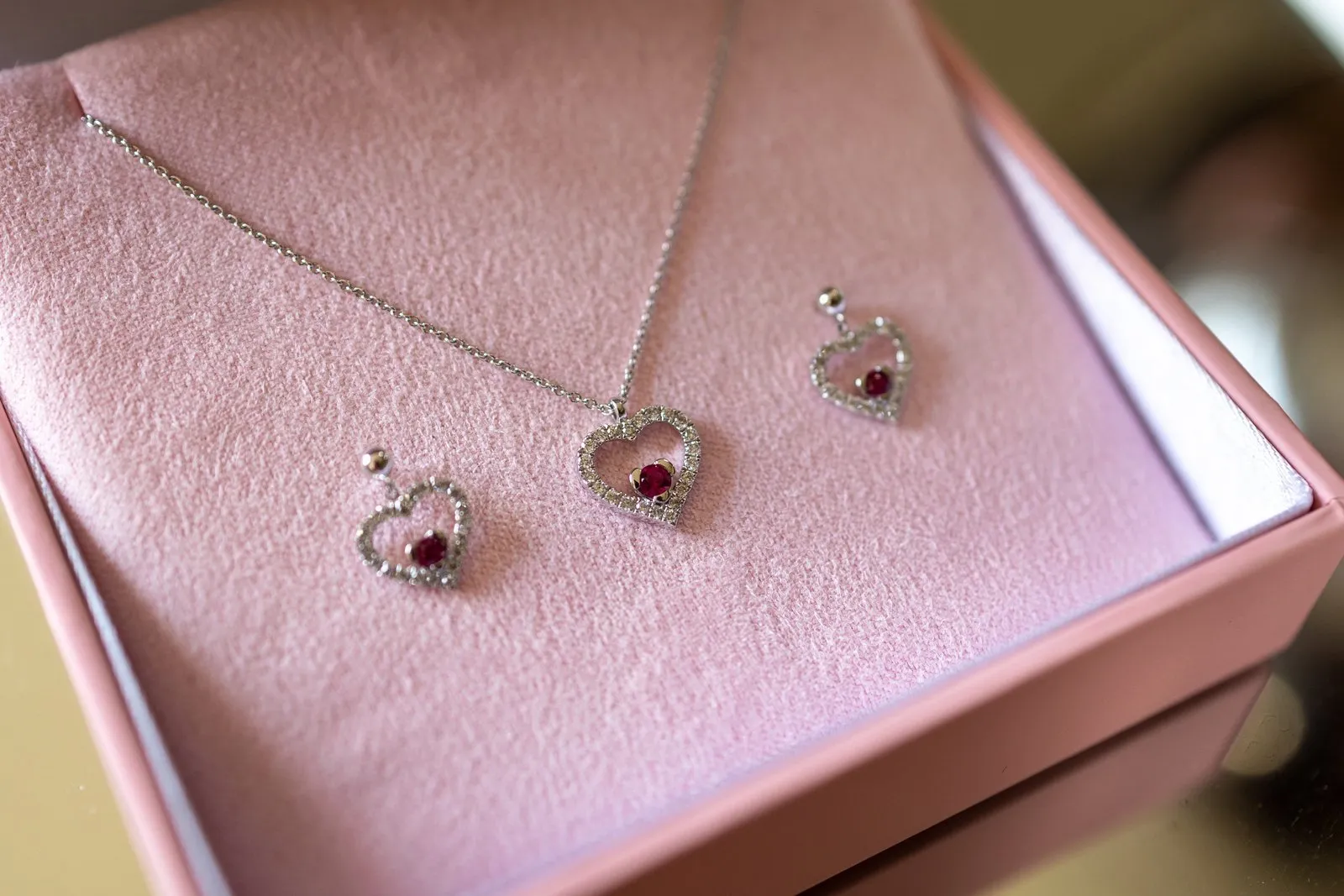 18ct White Gold, Ruby & Diamond Open Heart Pendant Necklace