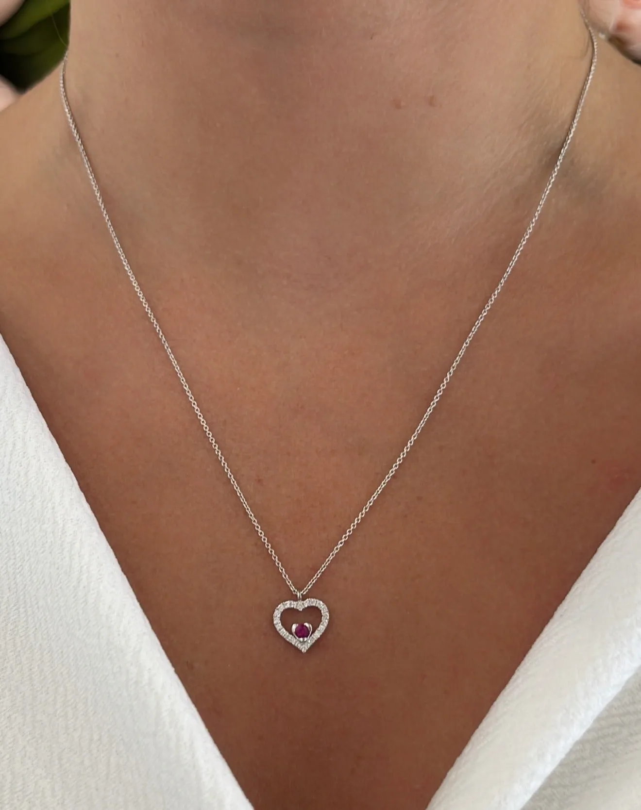 18ct White Gold, Ruby & Diamond Open Heart Pendant Necklace