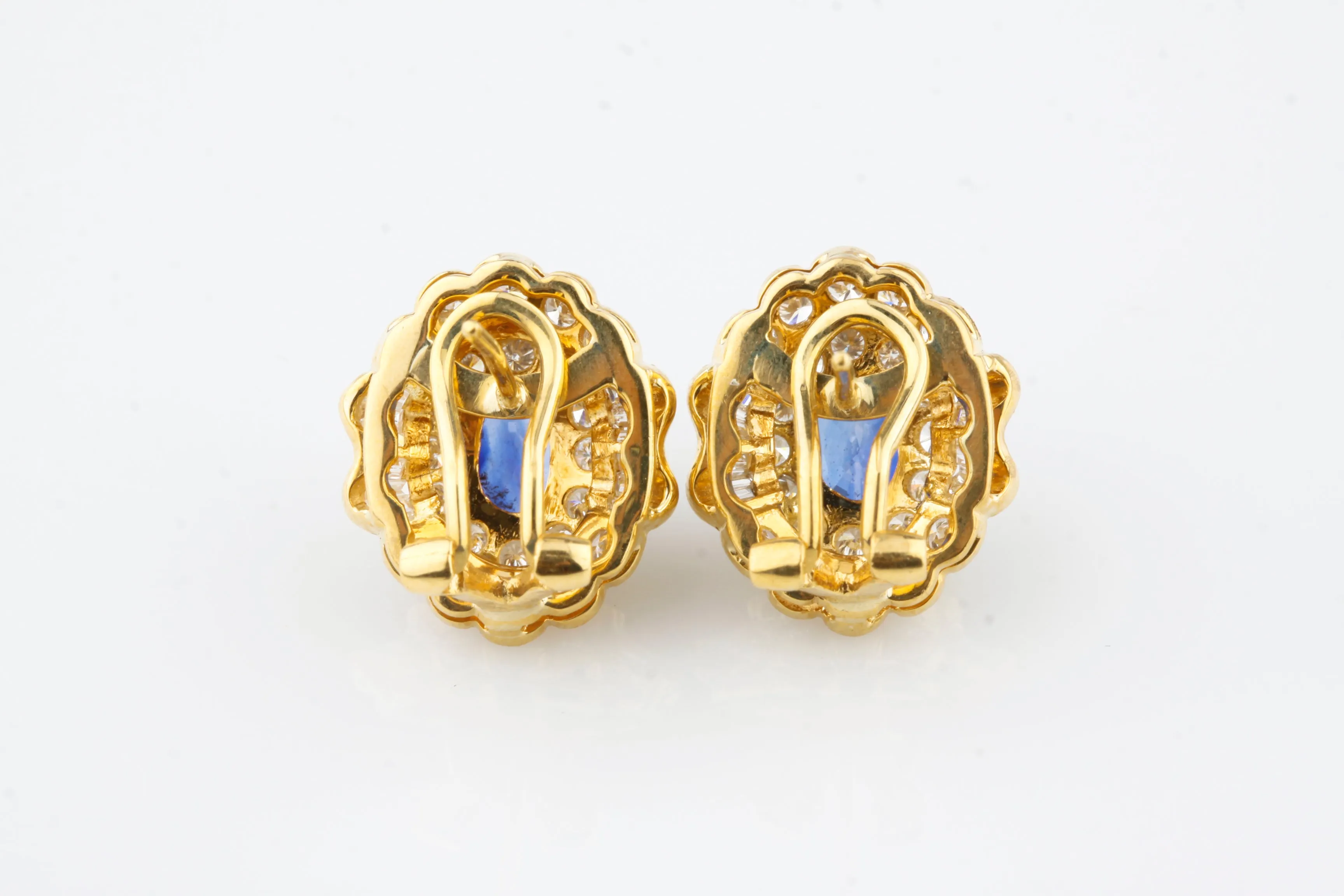 18k Gold Oval Sapphire Huggie Earrings with Double Diamond Bezel TCW = 4 Cts