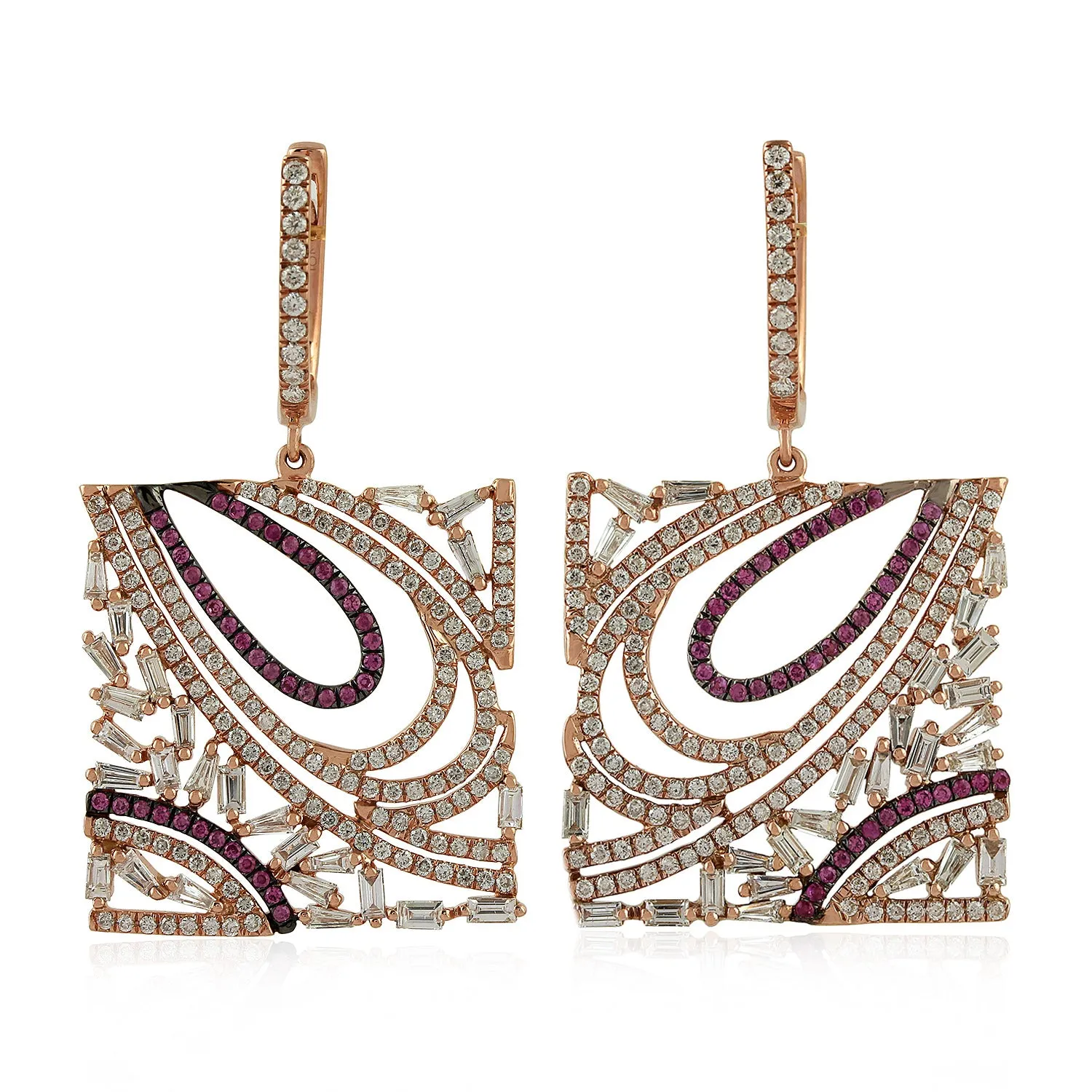 18K Rose Gold Prong Baguette Diamond Pink Sapphire Square Cluster For Her