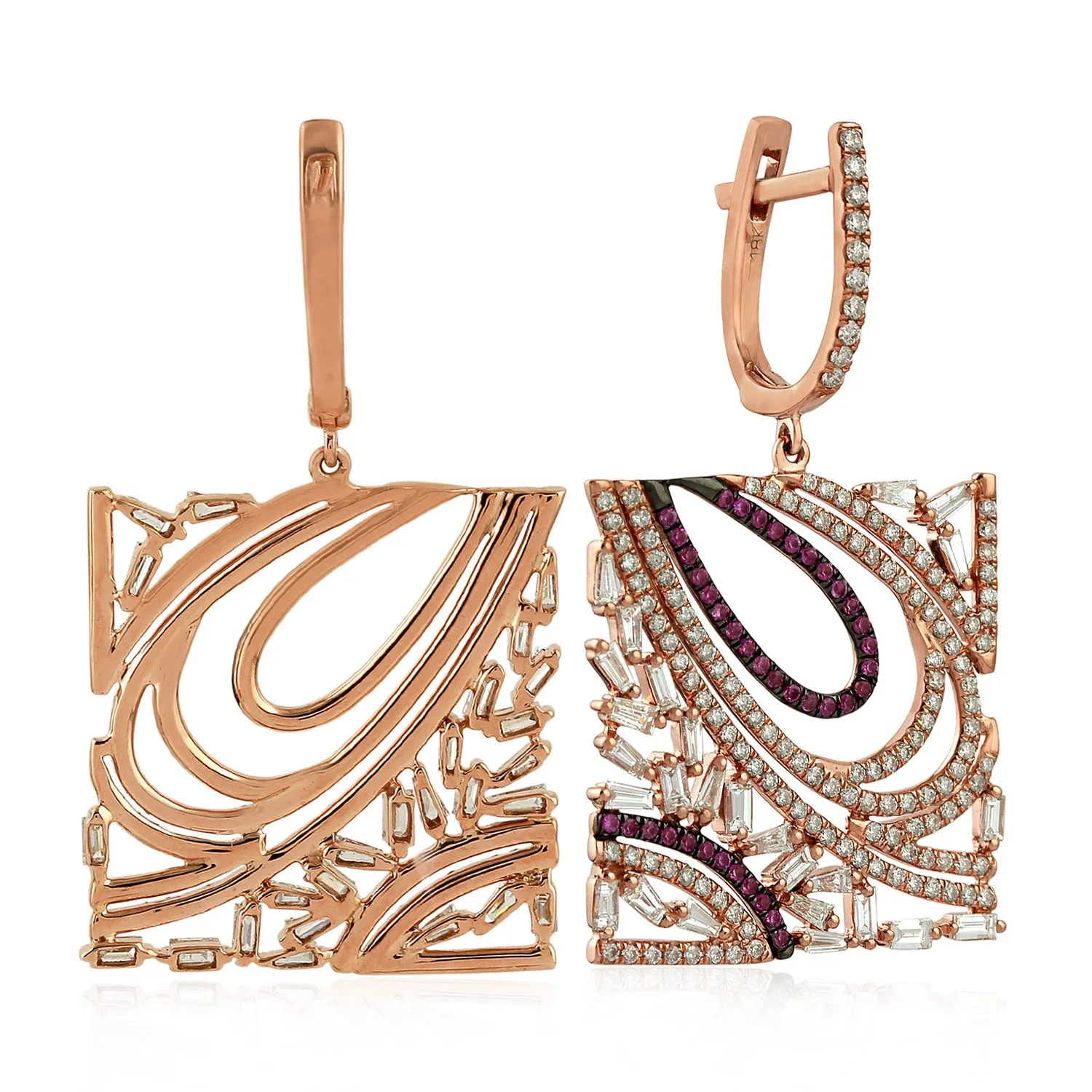 18K Rose Gold Prong Baguette Diamond Pink Sapphire Square Cluster For Her