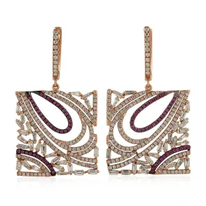 18K Rose Gold Prong Baguette Diamond Pink Sapphire Square Cluster For Her