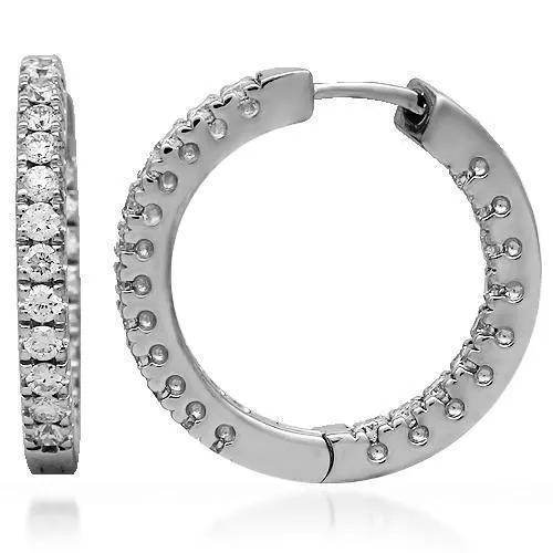 18K Solid White Gold Womens Diamond Hoop Earrings 1.00 Ctw