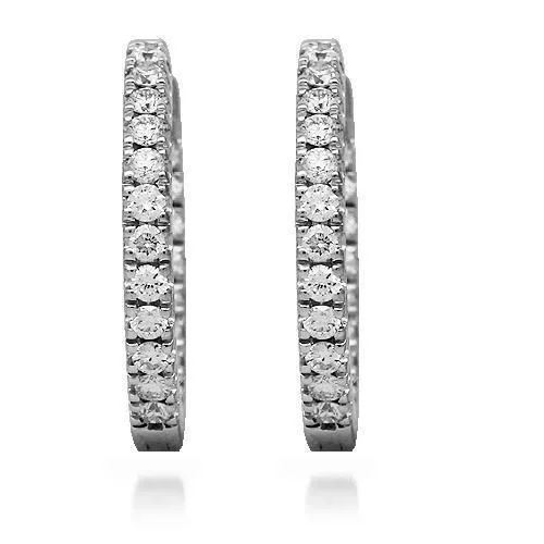18K Solid White Gold Womens Diamond Hoop Earrings 1.00 Ctw
