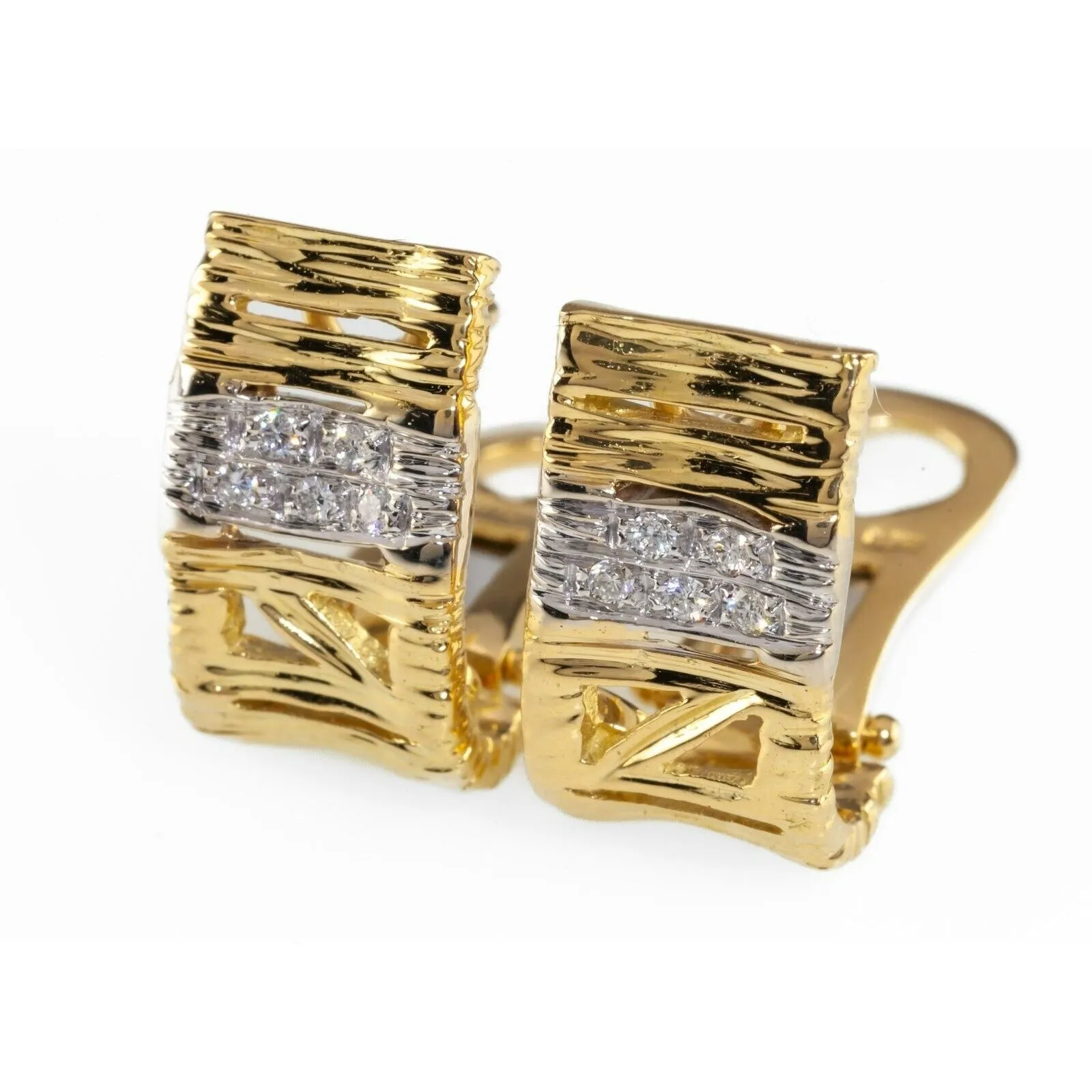 18k Two-Tone Gold Textured Huggie Earrings w/ Diamond Band Gorgeous!