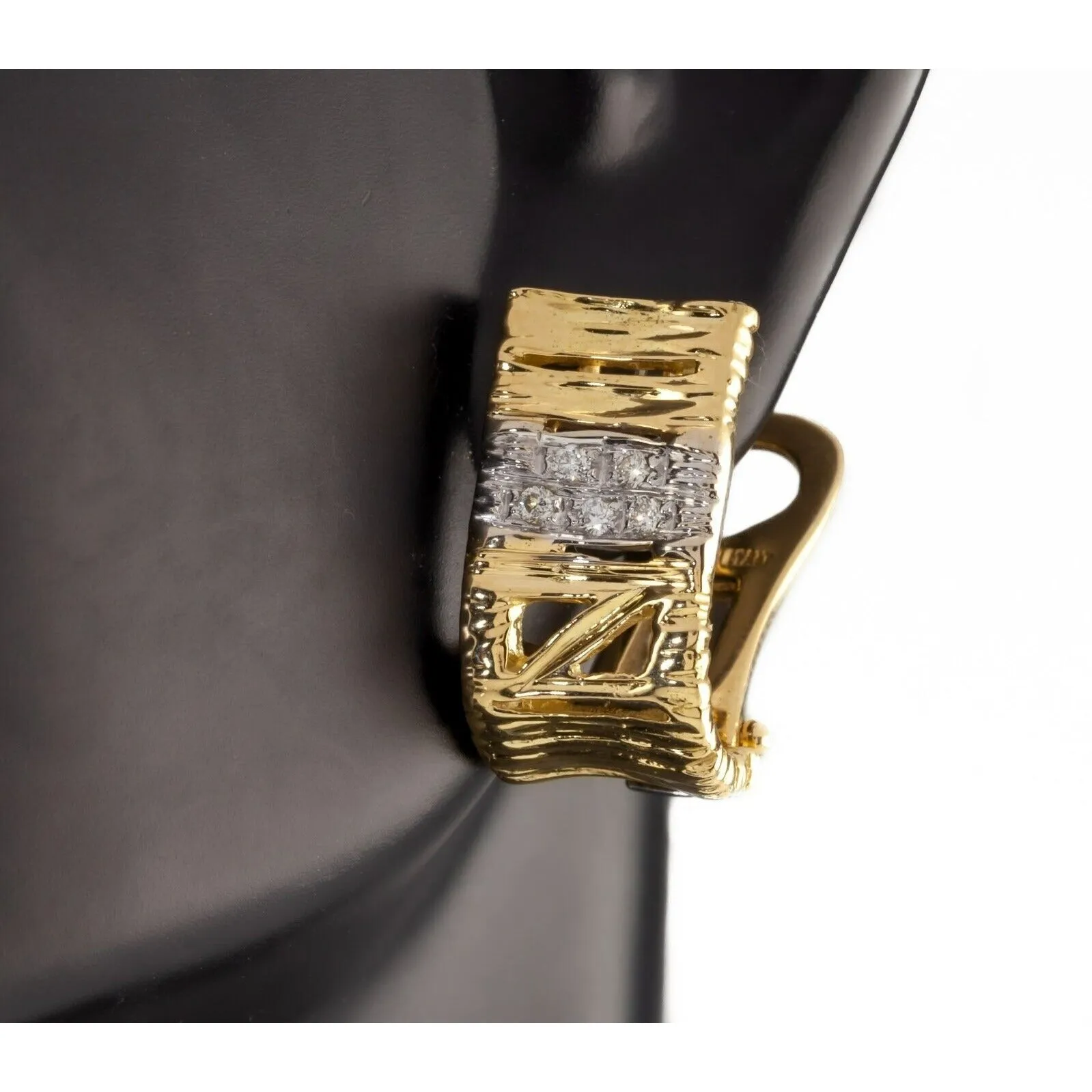 18k Two-Tone Gold Textured Huggie Earrings w/ Diamond Band Gorgeous!