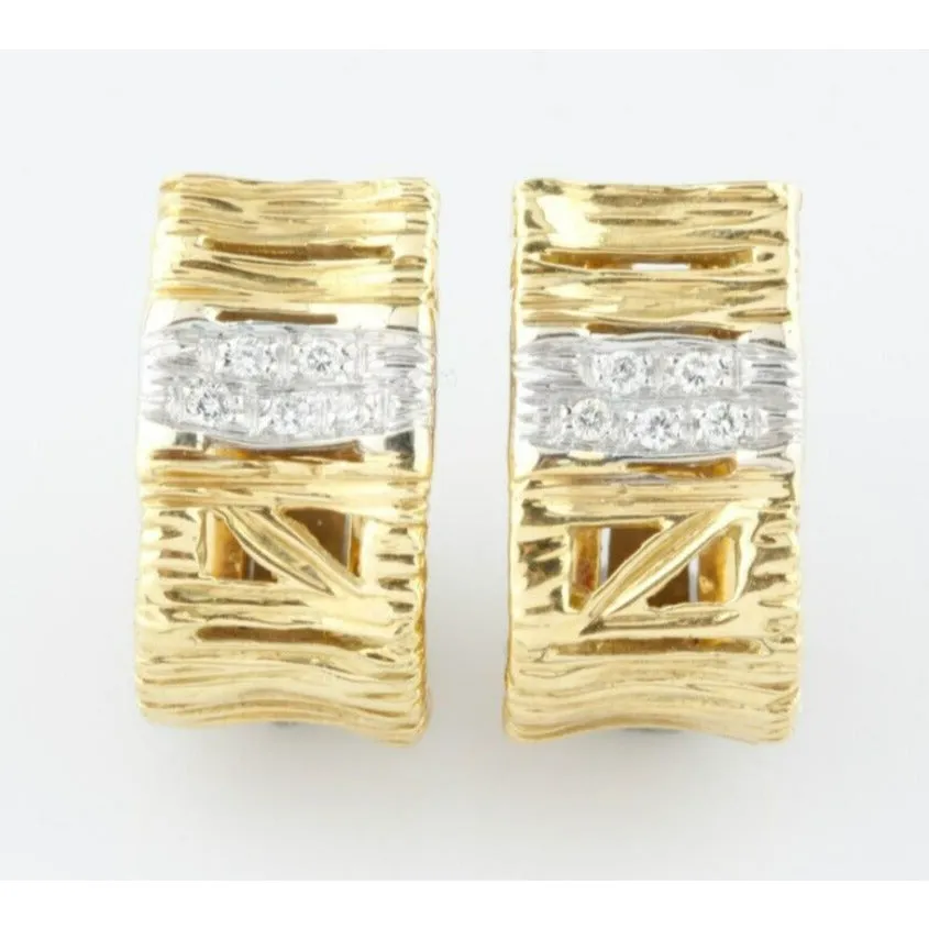18k Two-Tone Gold Textured Huggie Earrings w/ Diamond Band Gorgeous!