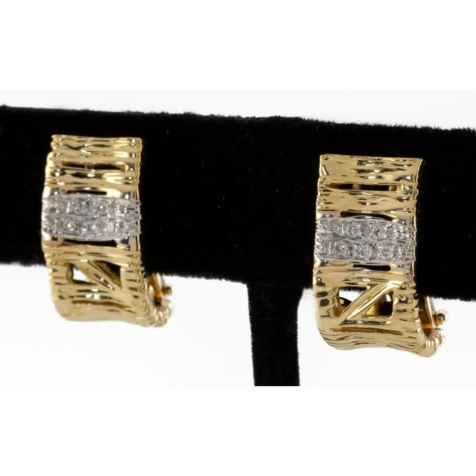 18k Two-Tone Gold Textured Huggie Earrings w/ Diamond Band Gorgeous!